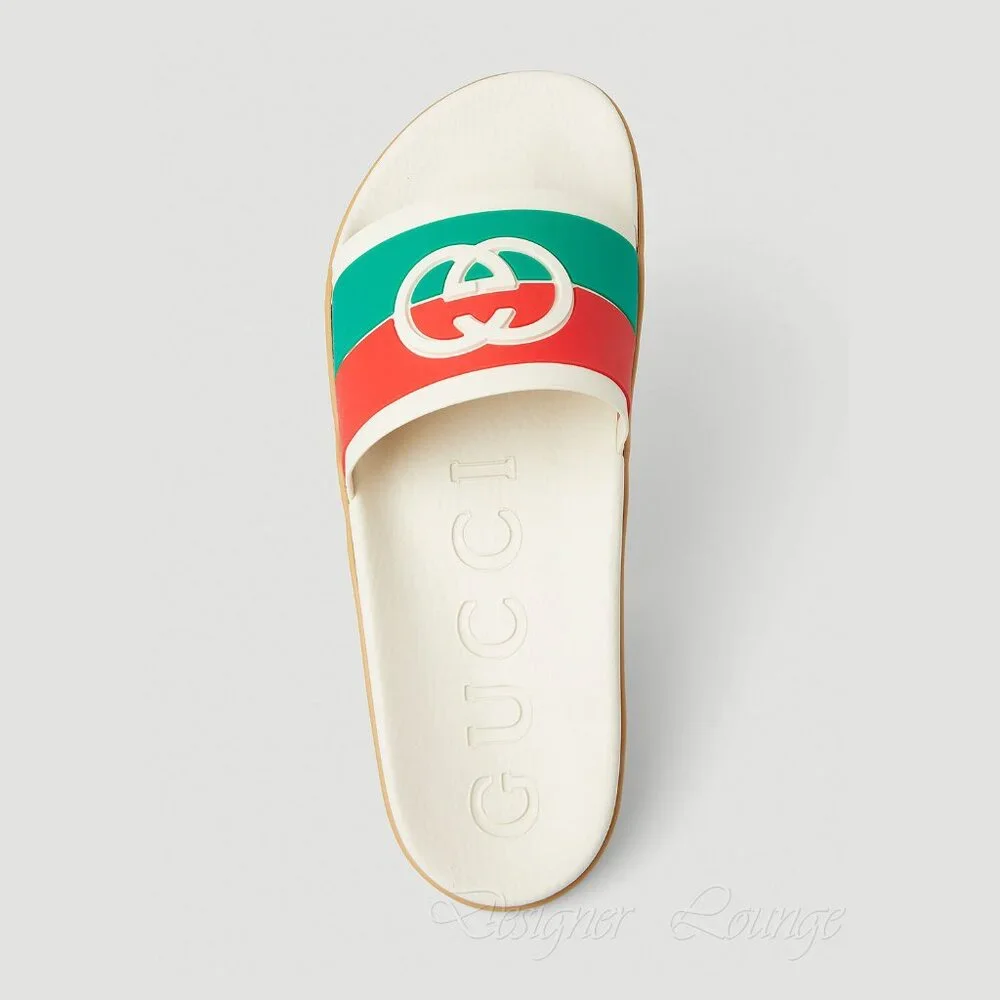 NEW GUCCI Women's Agrado Interlocking G Logo Cream Rubber Slides EU 38 US 8